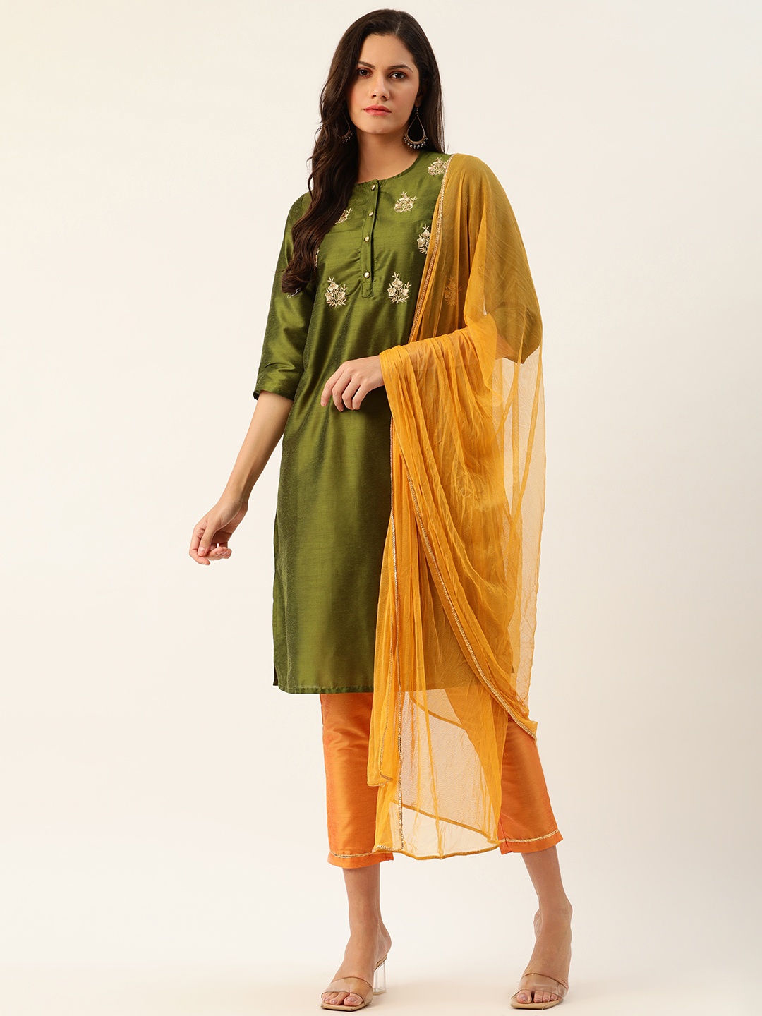 

all about you Women Olive Green & Orange Yoke Embroidered Kurta with Trousers & Dupatta