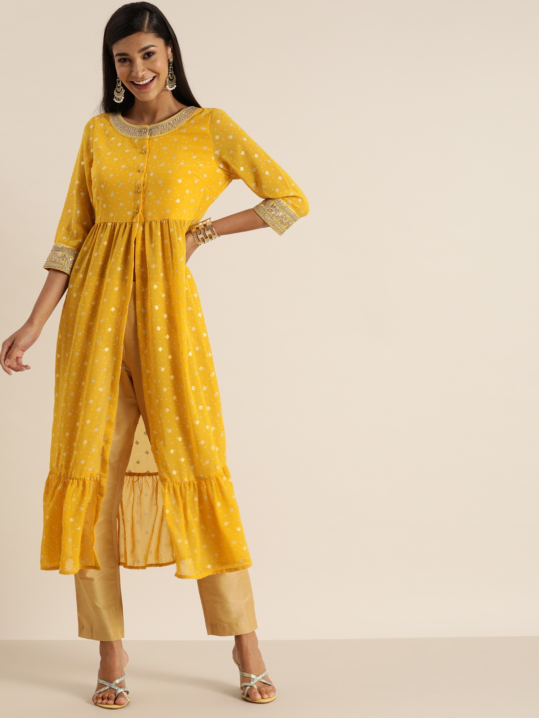 

all about you Ethnic Motifs Poly Georgette Kurta Set, Mustard