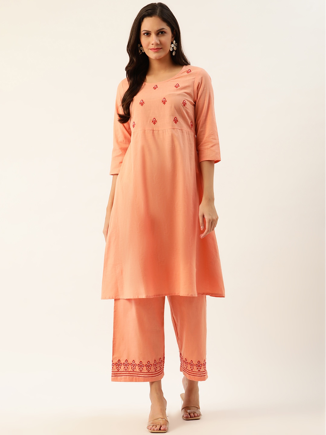 

all about you Women Peach-Coloured Embroidered Kurta with Palazzos
