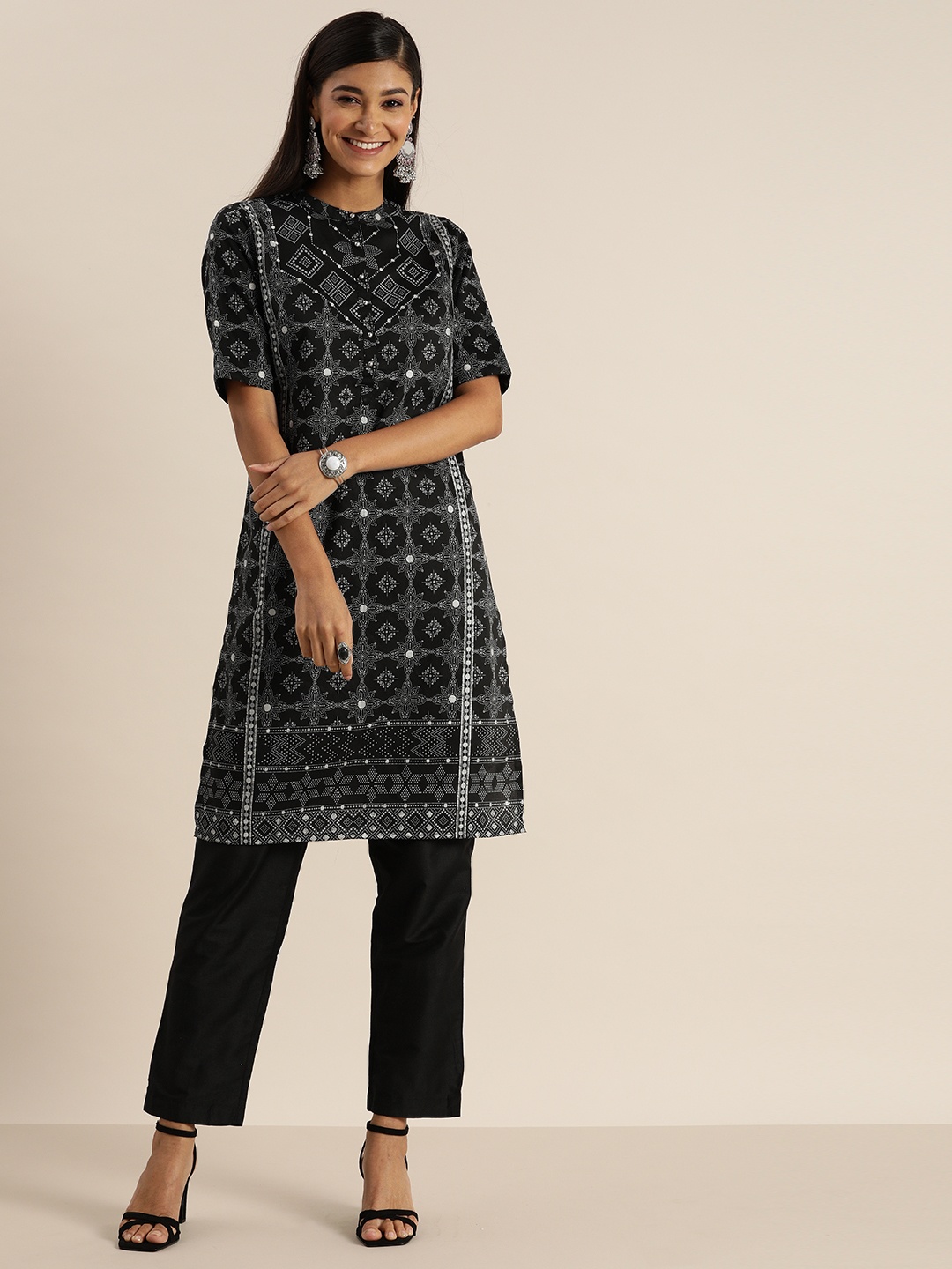 

all about you Women Black & Grey Printed Kurta with Trousers