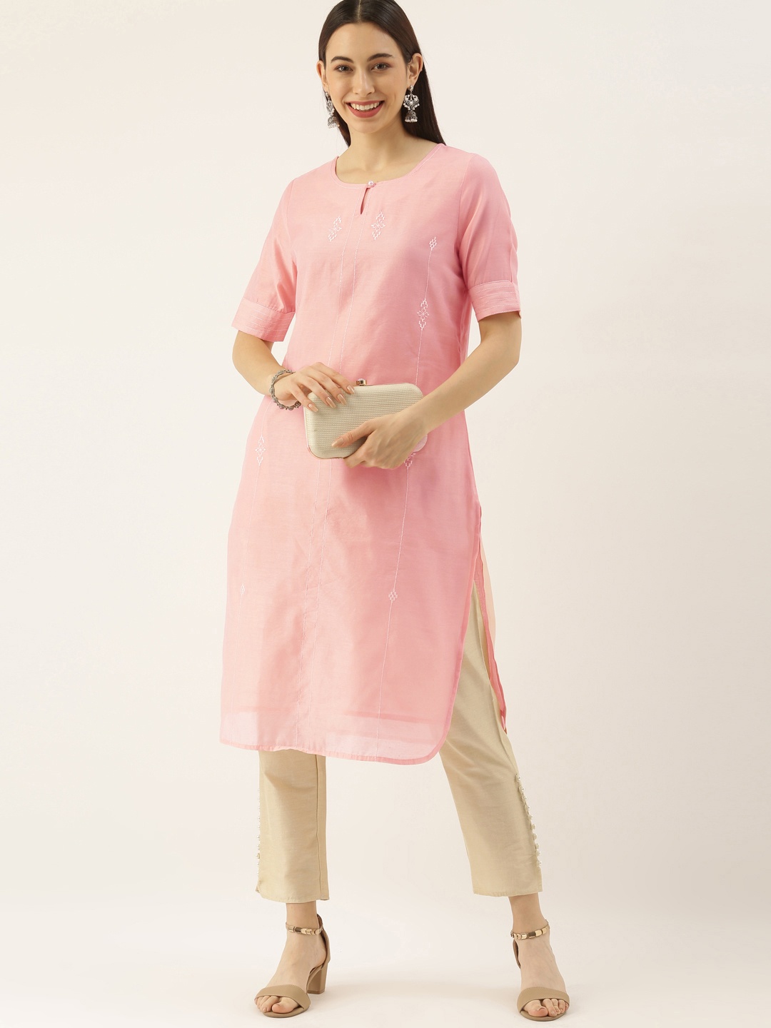 

all about you Women Pink Thread Work Kurta with Trousers