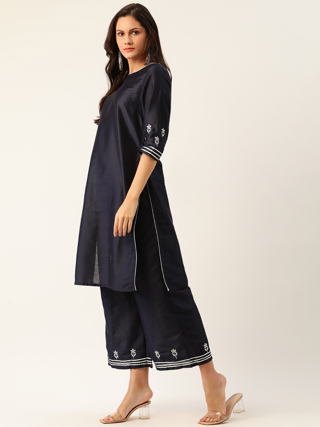 

all about you Women Navy Blue & Grey Solid Kurta with Palazzos & Dupatta