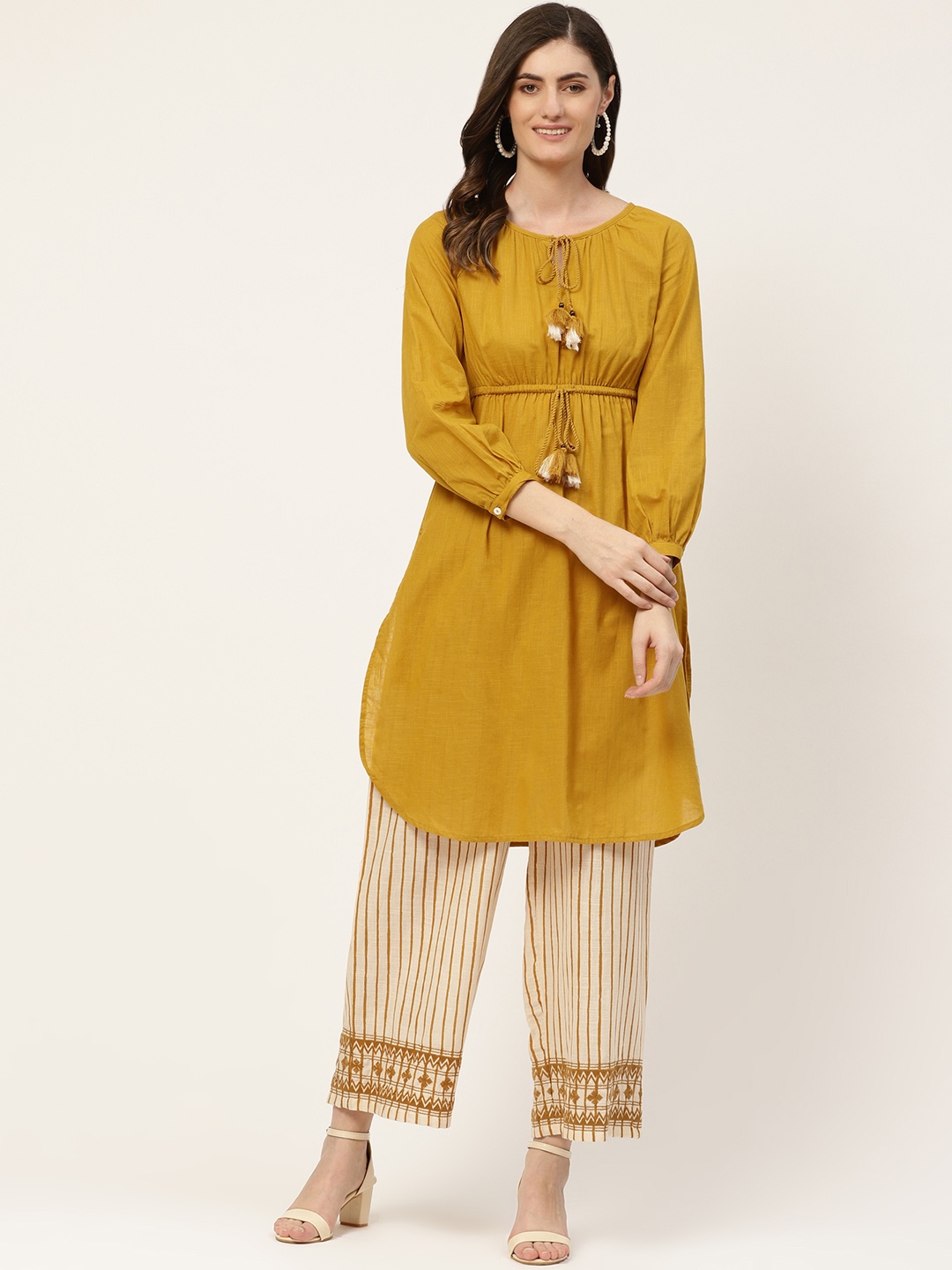 

all about you Women Mustard Yellow & Off White Regular A-Line Pure Cotton Kurta & Palazzos