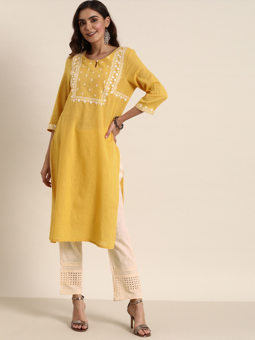 

all about you Women Mustard Yellow & Cream-Coloured Yoke Design Kurta with Trousers