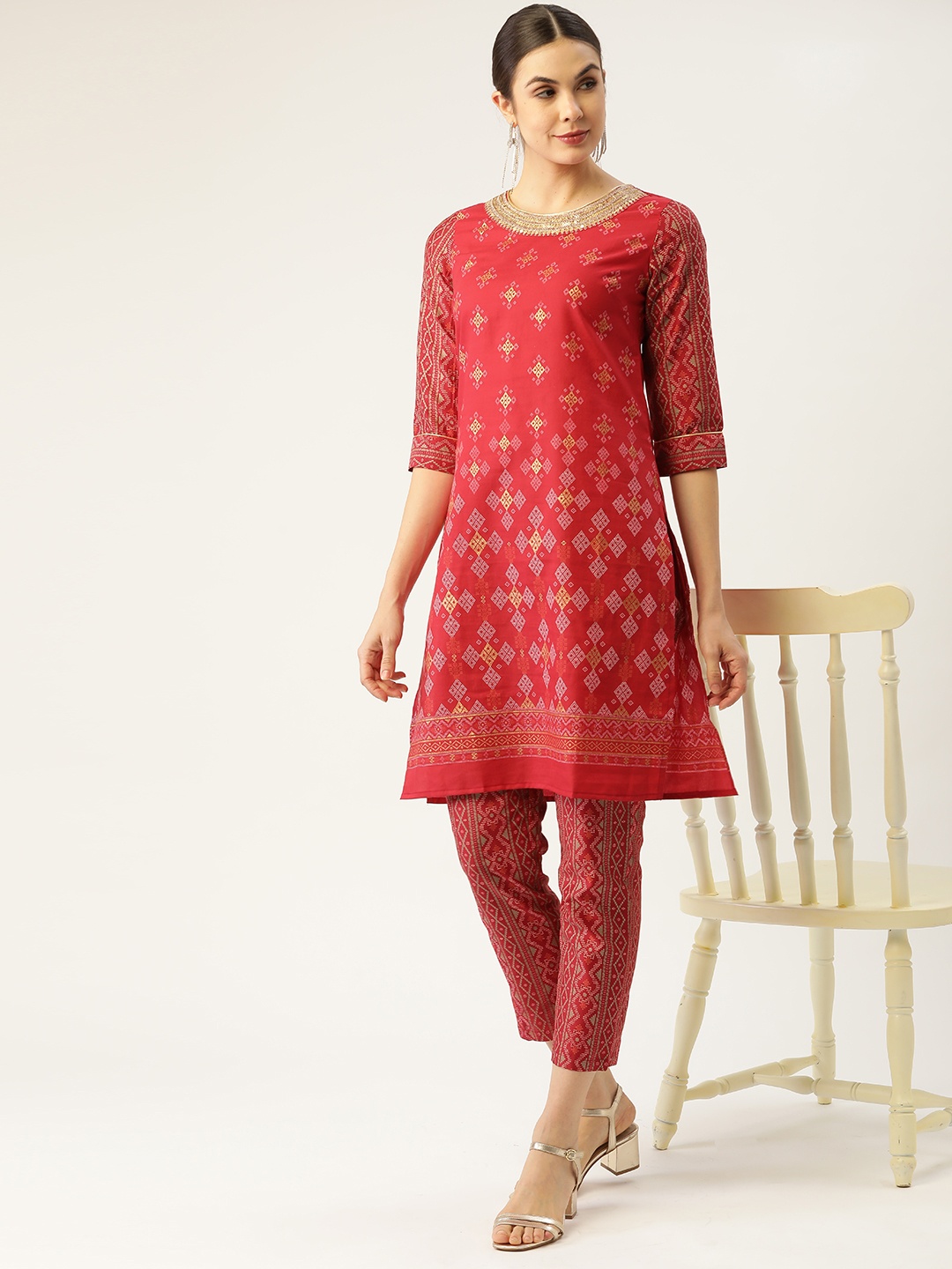 

all about you Women Red & Off-White Printed Sequinned Kurta with Trousers