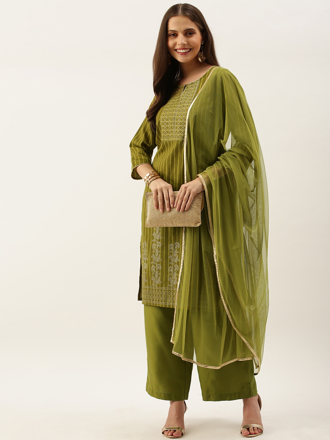 

all about you Women Green & Grey Floral Printed Keyhole Neck Kurta with Palazzos & Dupatta