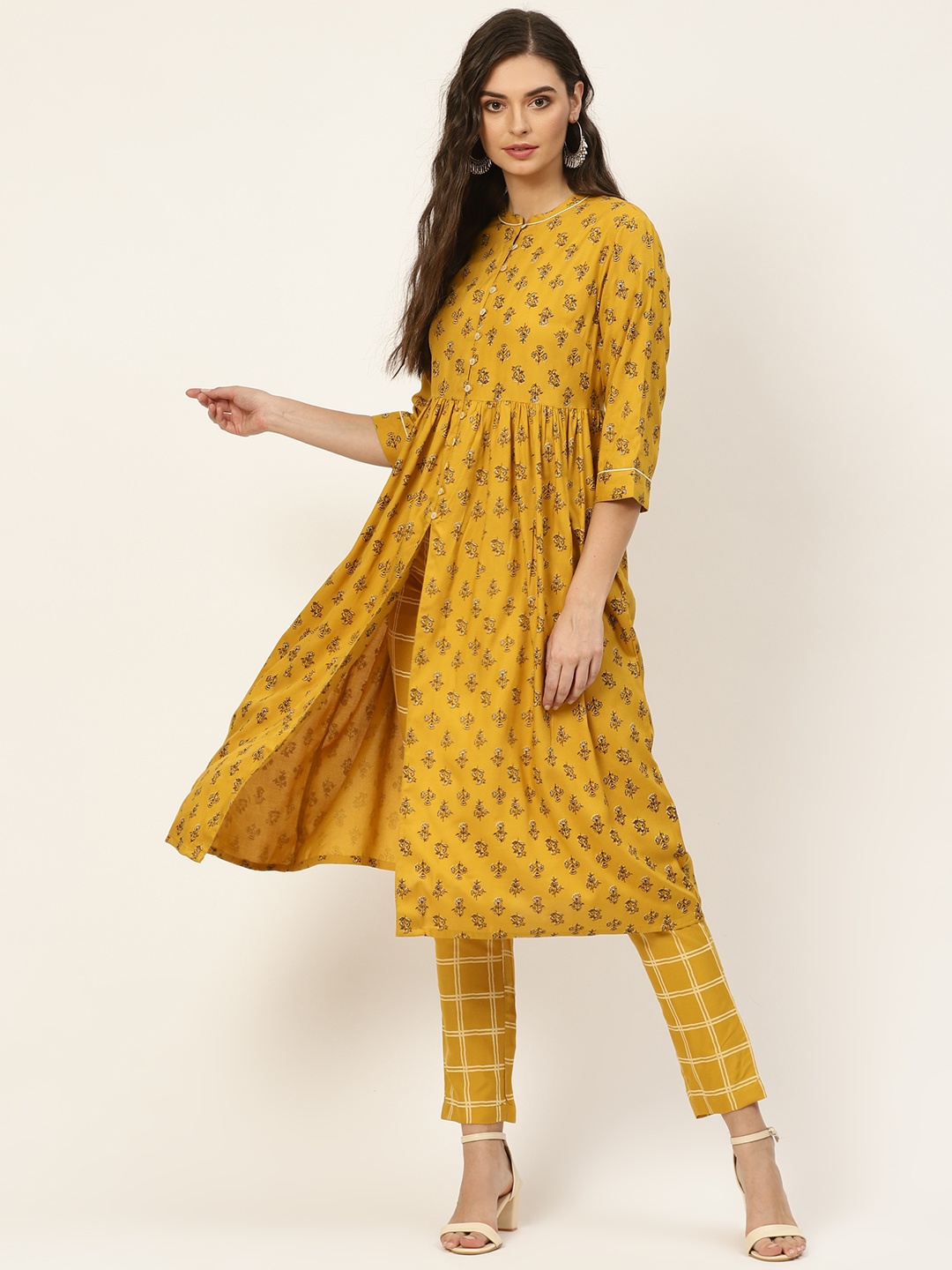 

all about you Women Mustard Yellow Ethnic Motifs Printed Regular A-Line Pure Cotton