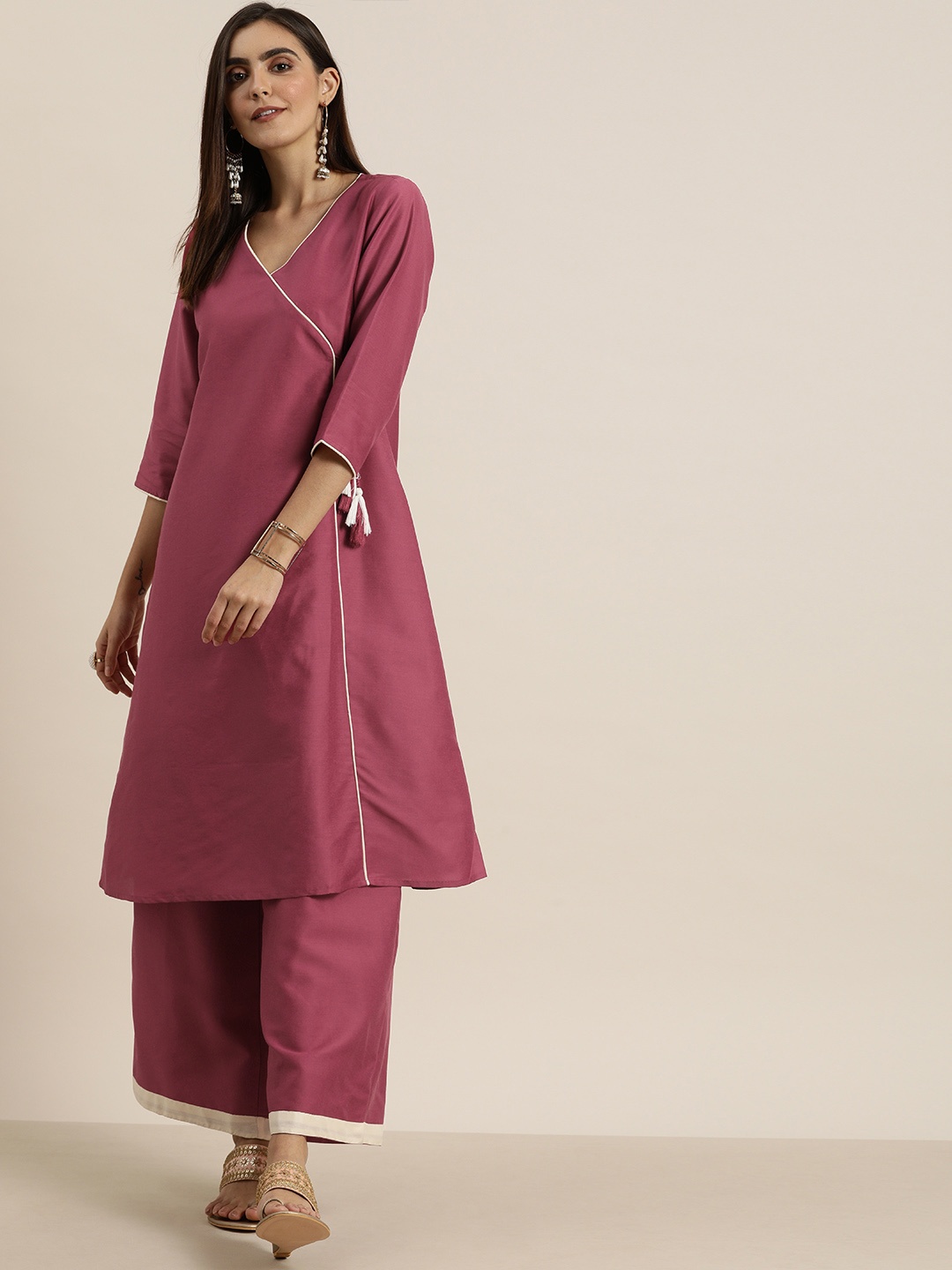 

all about you Women Pink Solid Angrakha Kurta with Palazzos