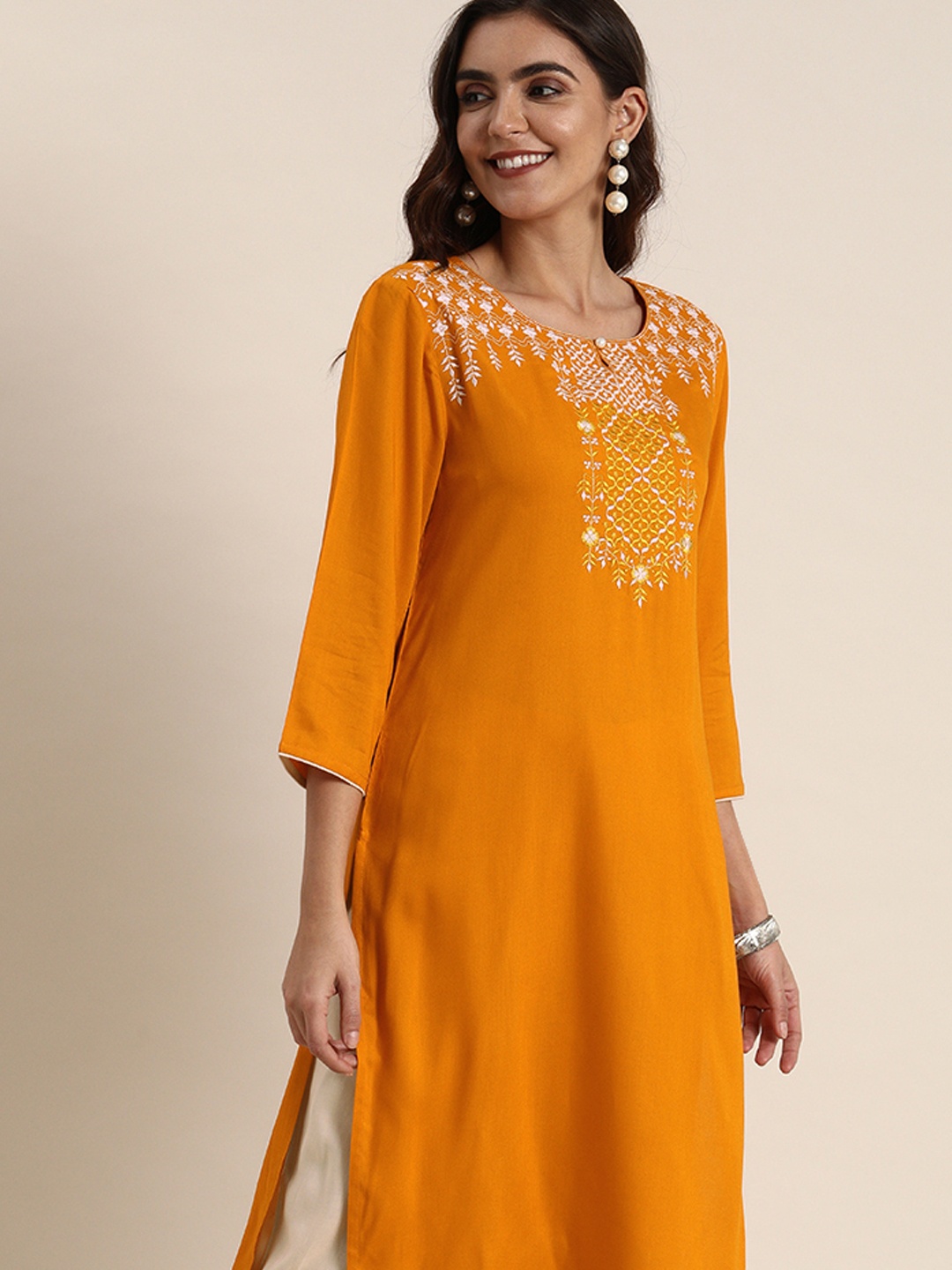 

all about you Women Orange & Cream-Coloured Yoke Design Kurta with Trousers
