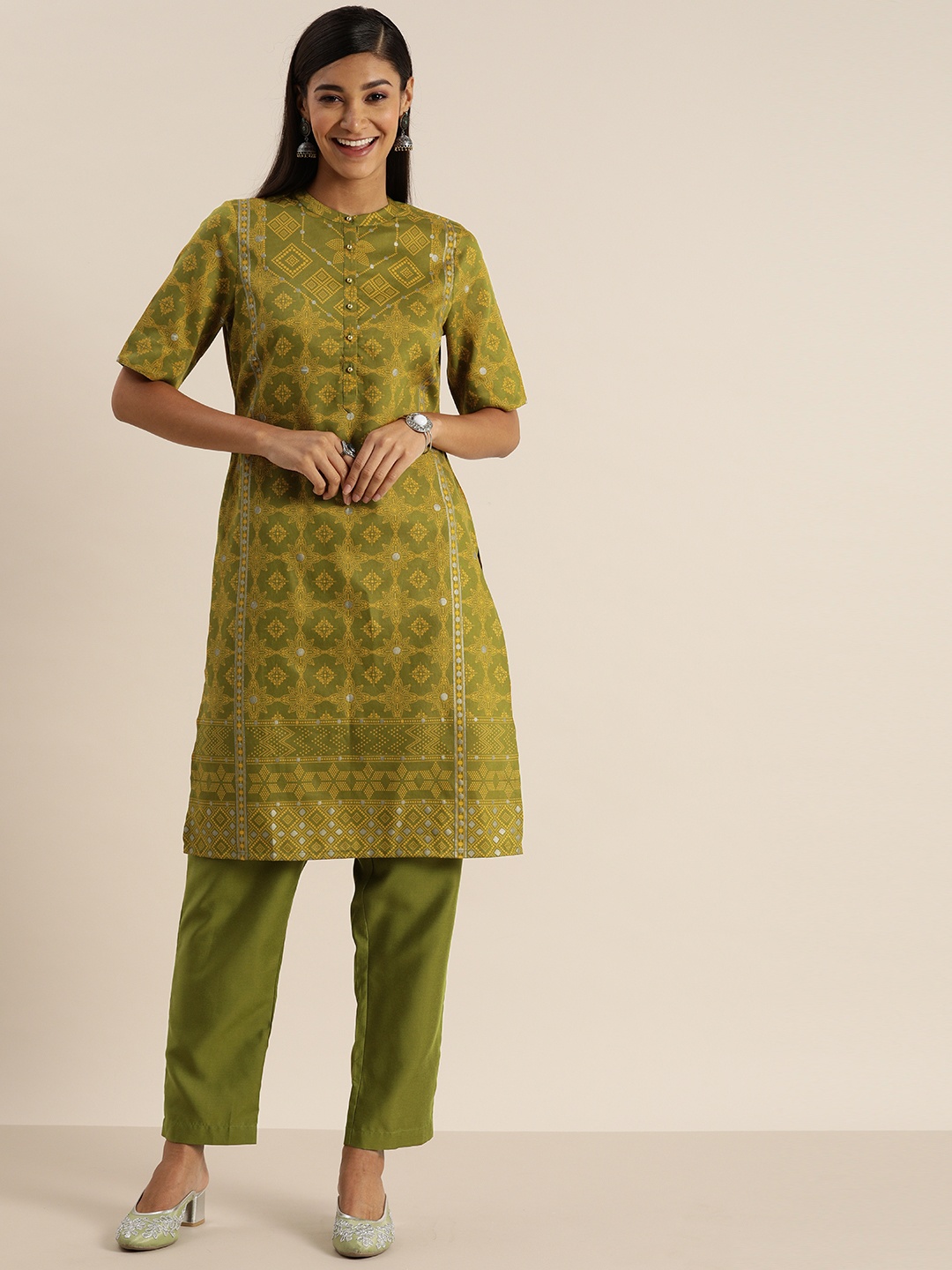 

all about you Women Olive Green & Mustard Yellow Printed Kurta with Trousers