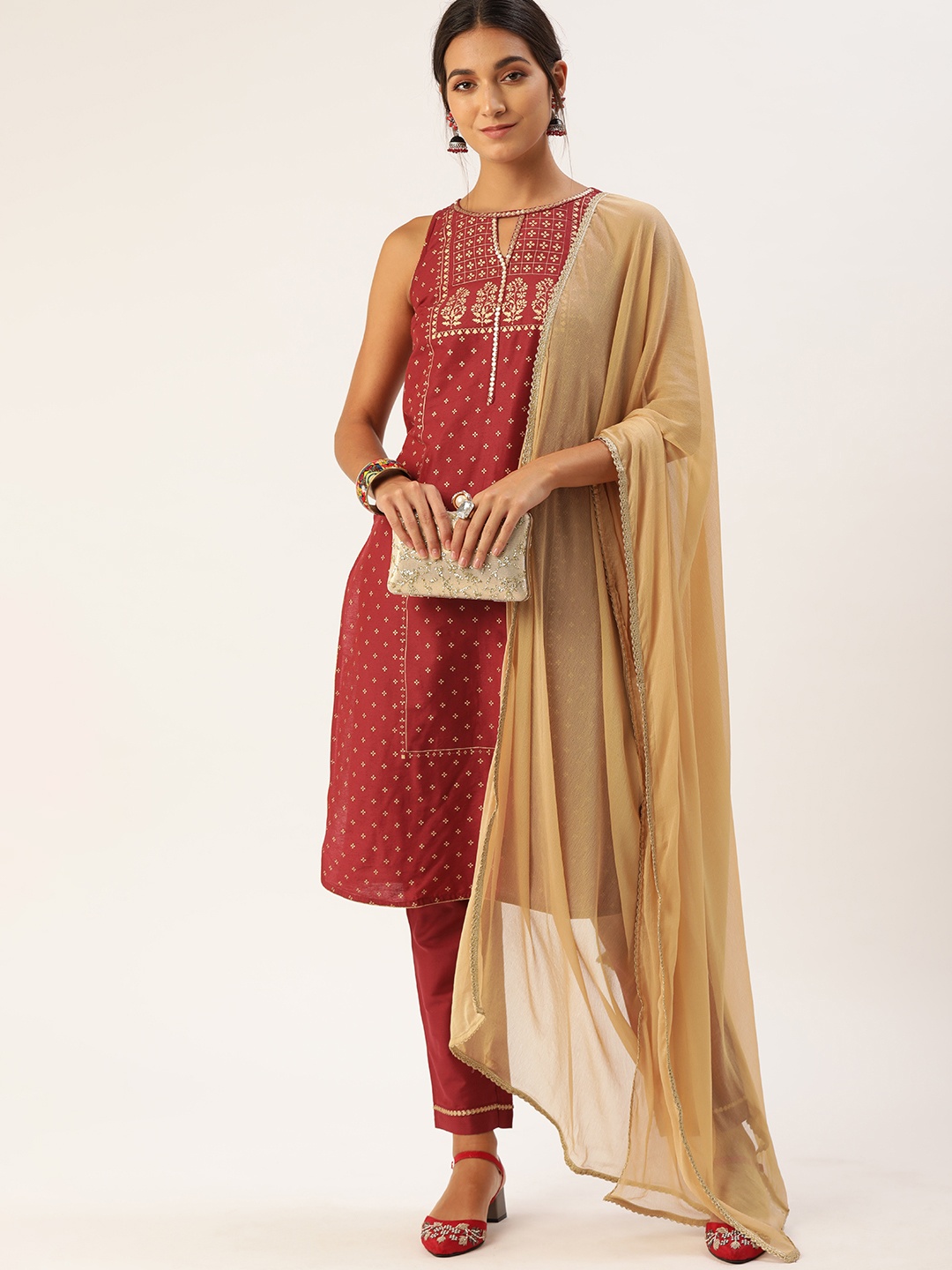 

all about you Women Red Ethnic Motifs Printed Kurta with Trousers & With Dupatta