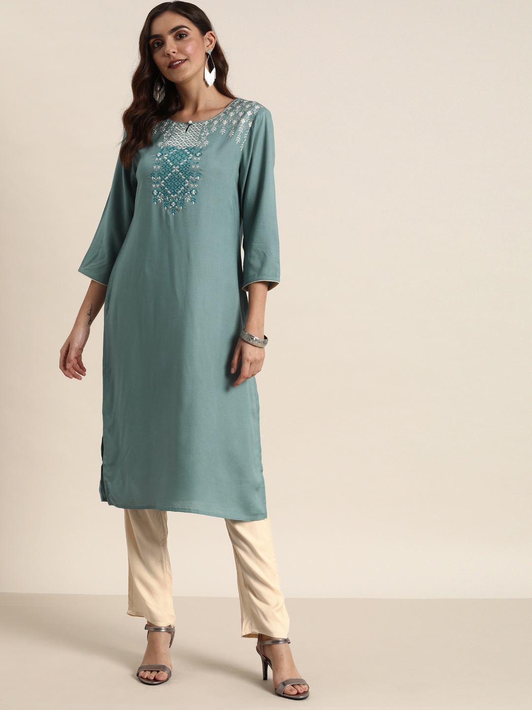 

all about you Women Blue & Cream-Coloured Yoke Design Kurta with Trousers