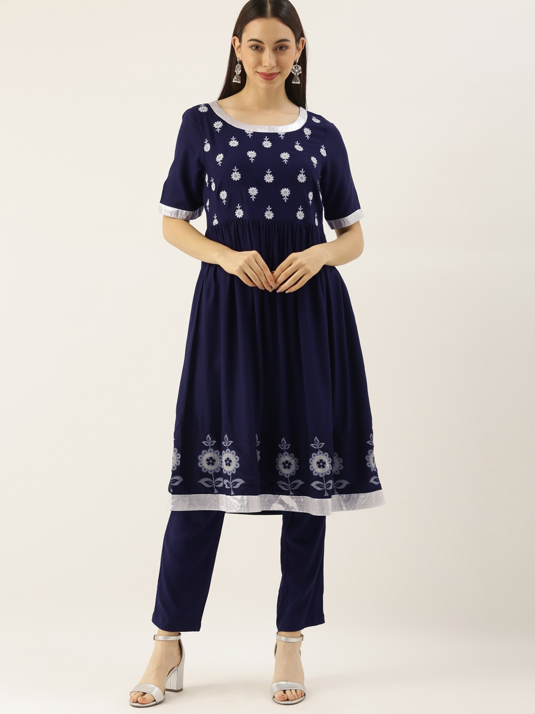 

all about you Women Navy Blue Floral Embroidered Kurta with Trousers