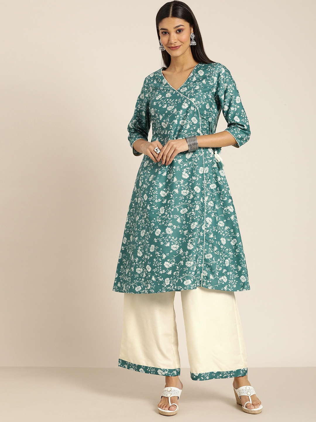 

all about you Women Teal Green & Off-White Floral Print A-Line Kurta with Solid Palazzos