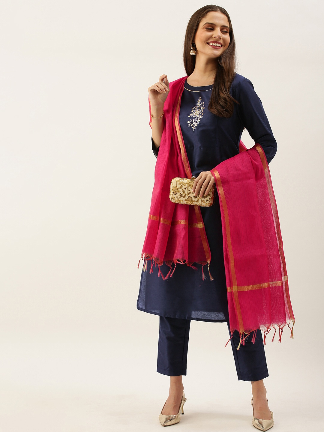 

all about you Women Navy Blue Floral Embroidered Regular Straight Kurta Set
