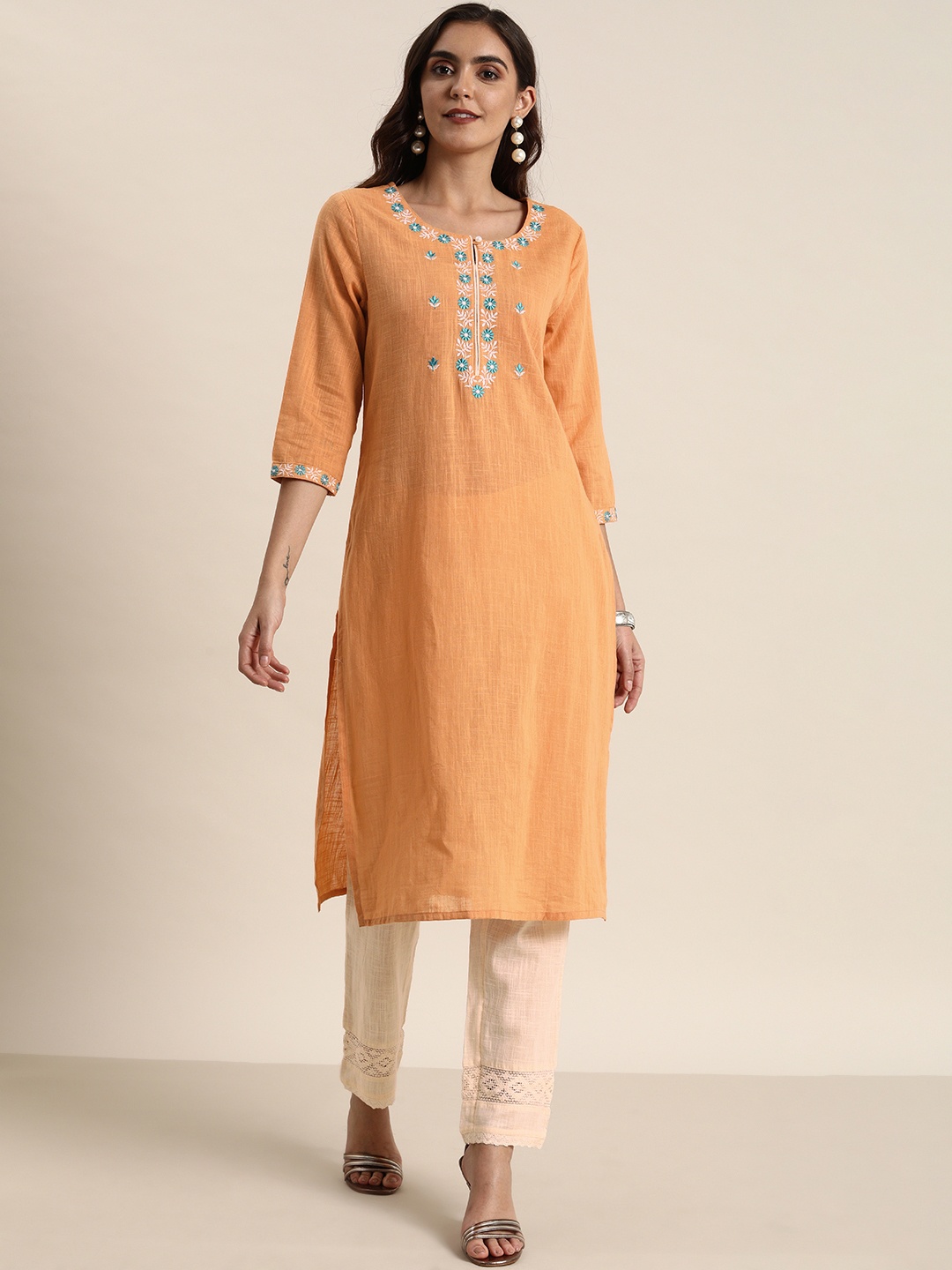 

all about you Women Orange & Cream-Coloured Yoke Design Kurta with Trousers