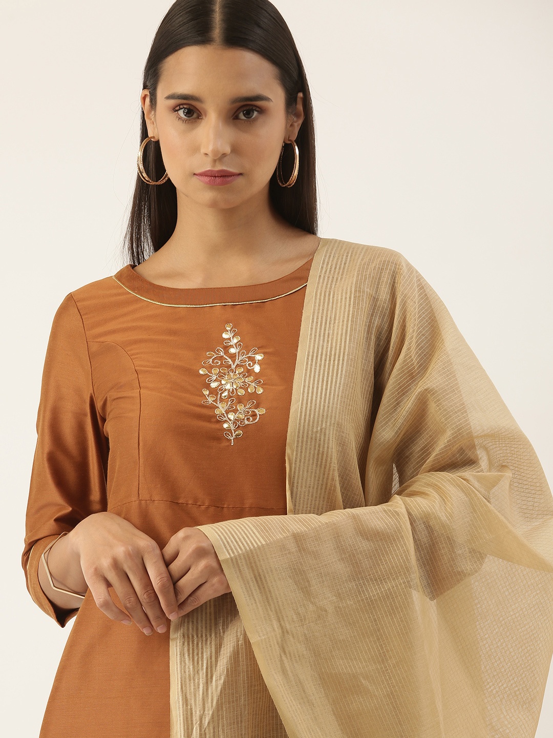 

all about you Women Brown Embroidered Straight Kurta with Trousers & Dupatta