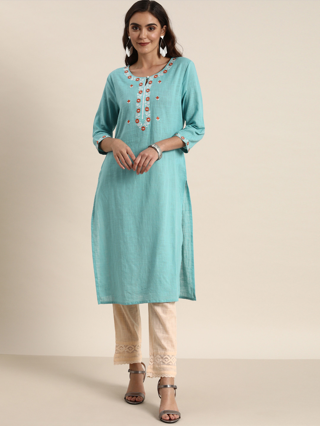 

all about you Women Blue & Cream-Coloured Yoke Design Kurta with Trousers
