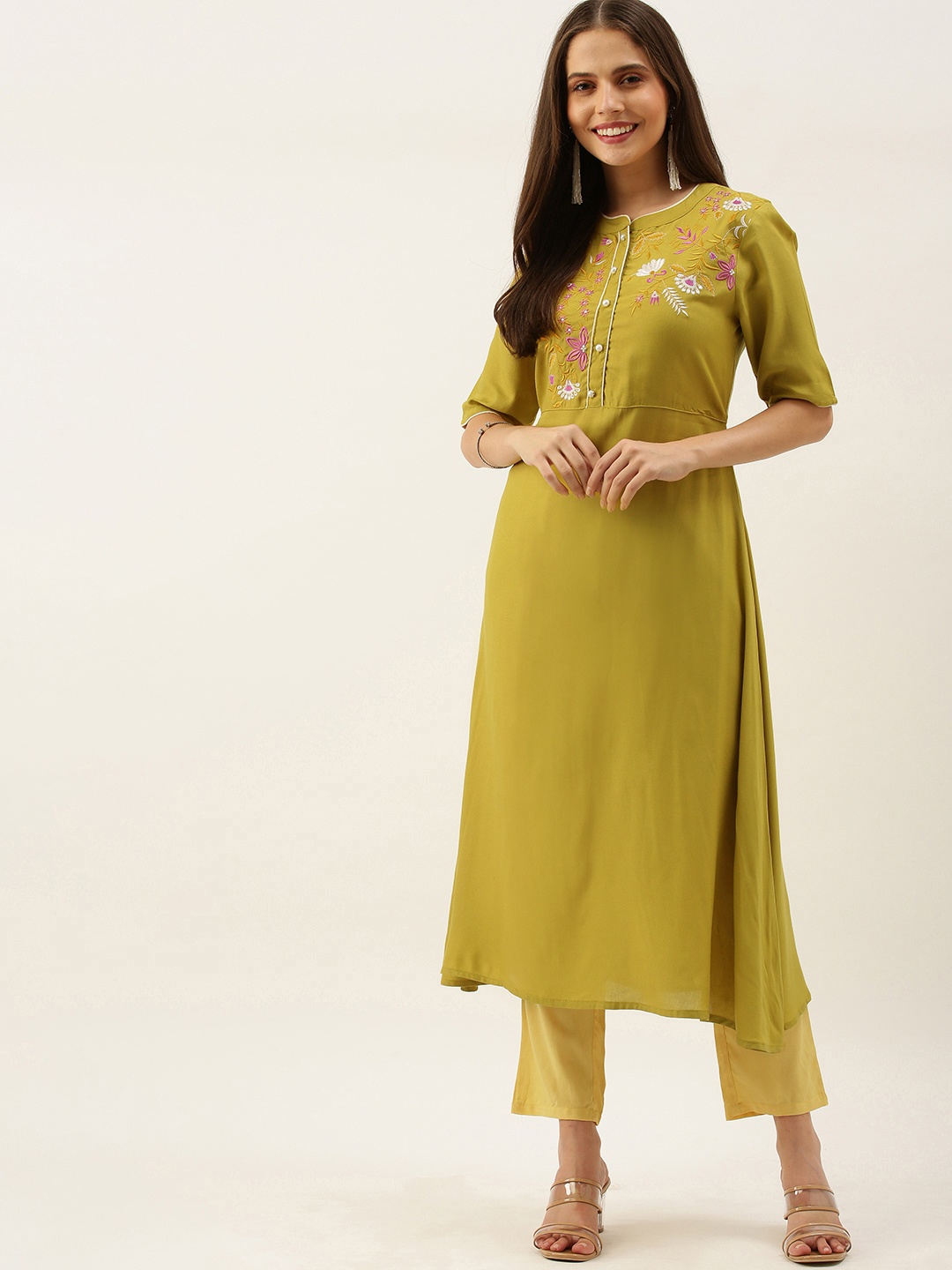 

all about you Women Lime Green Floral Embroidered Regular Straight Kurta with Pyjamas