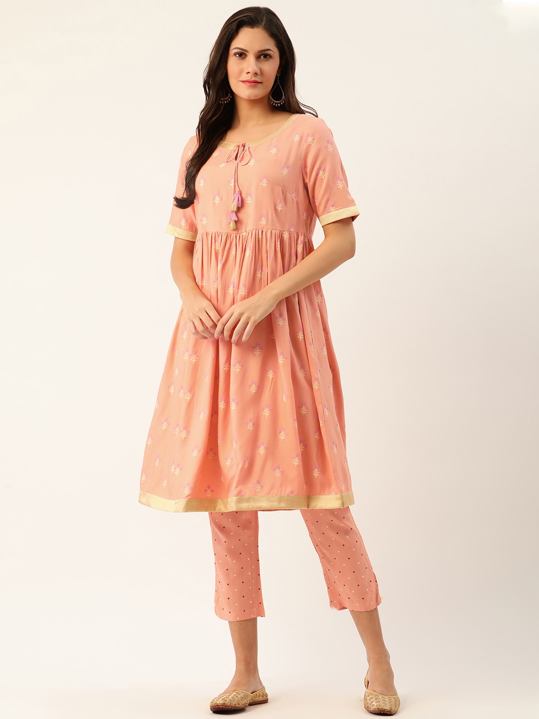 

all about you Women Peach-Coloured & Yellow Printed Kurta with Trousers