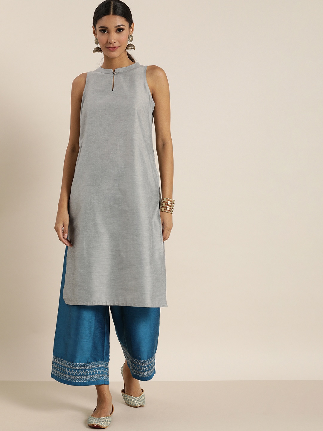 

all about you Women Grey & Blue Solid Kurta with Palazzos