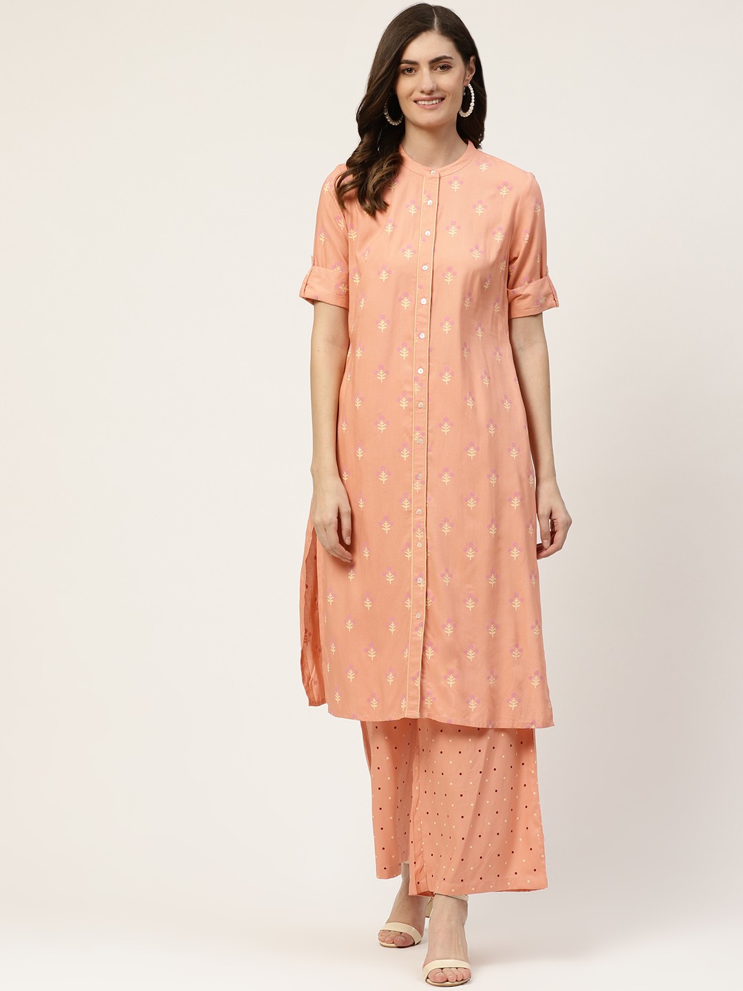 

all about you Women Peach-Coloured & Beige Printed Regular Straight Kurta & Palazzos