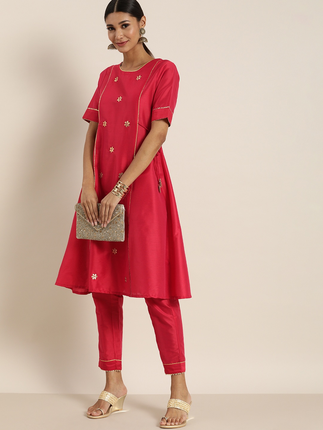 

all about you Women Red Gotta Patti Embroidered Kurta with Trousers