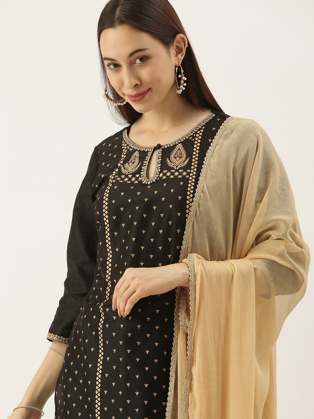 

all about you Women Black Ethnic Motifs Embroidered Kurta with Trousers & With Dupatta