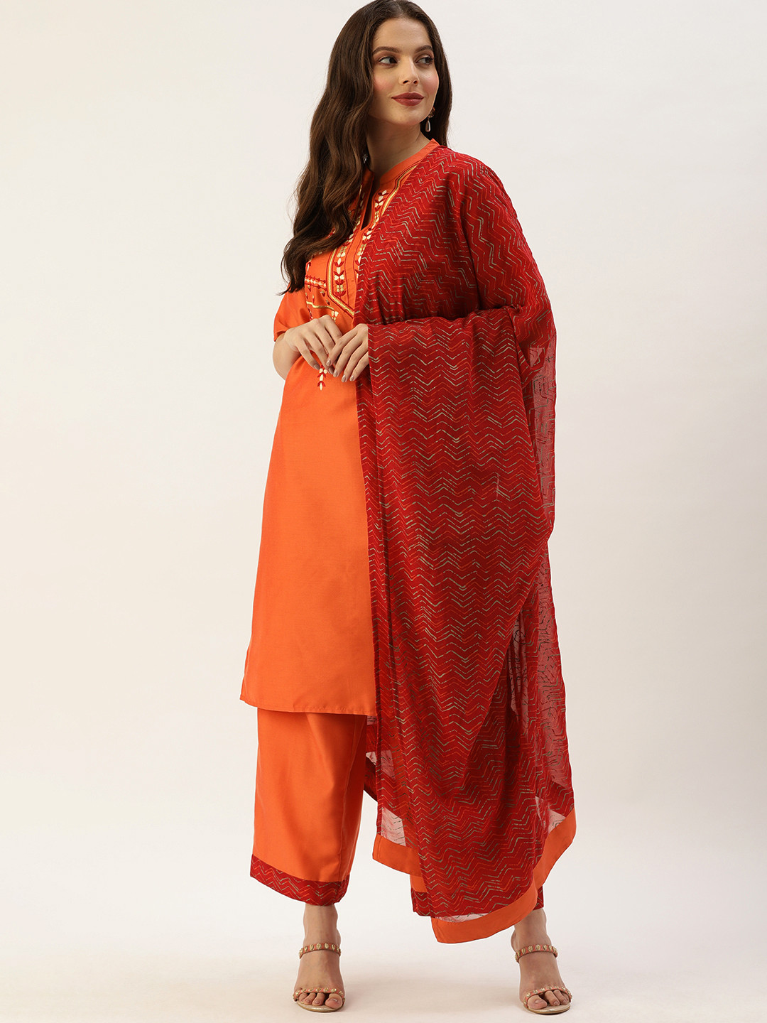 

all about you Women Orange Ethnic Motifs Yoke Design Thread Work Kurta with Palazzos