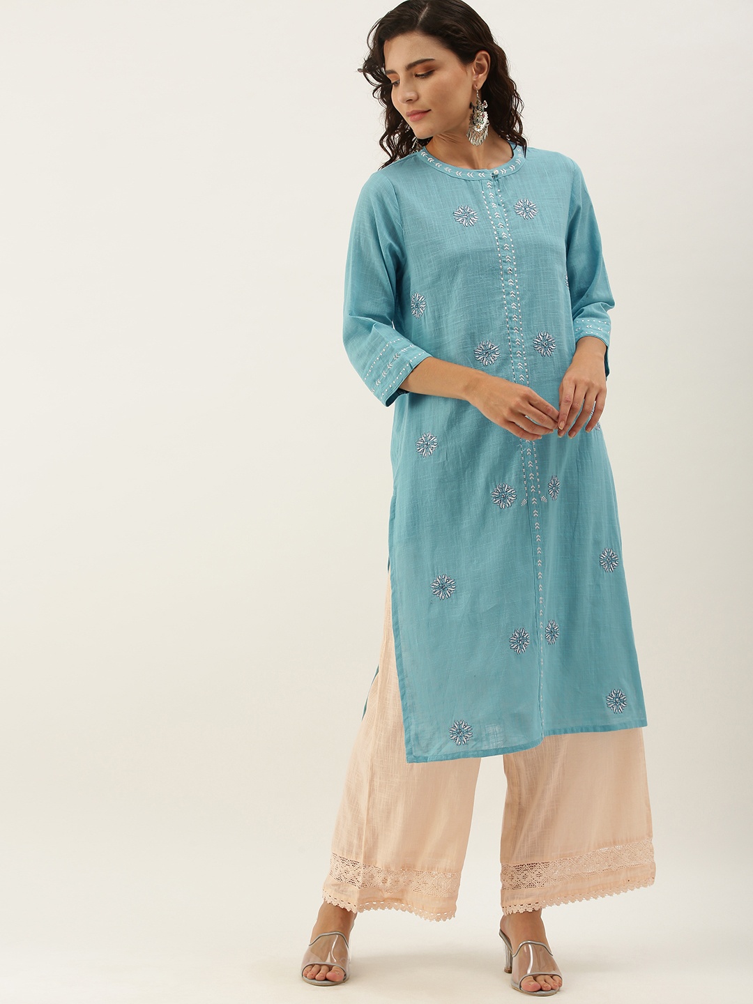 

all about you Women Blue Floral Embroidered Pure Cotton Kurta with Palazzos