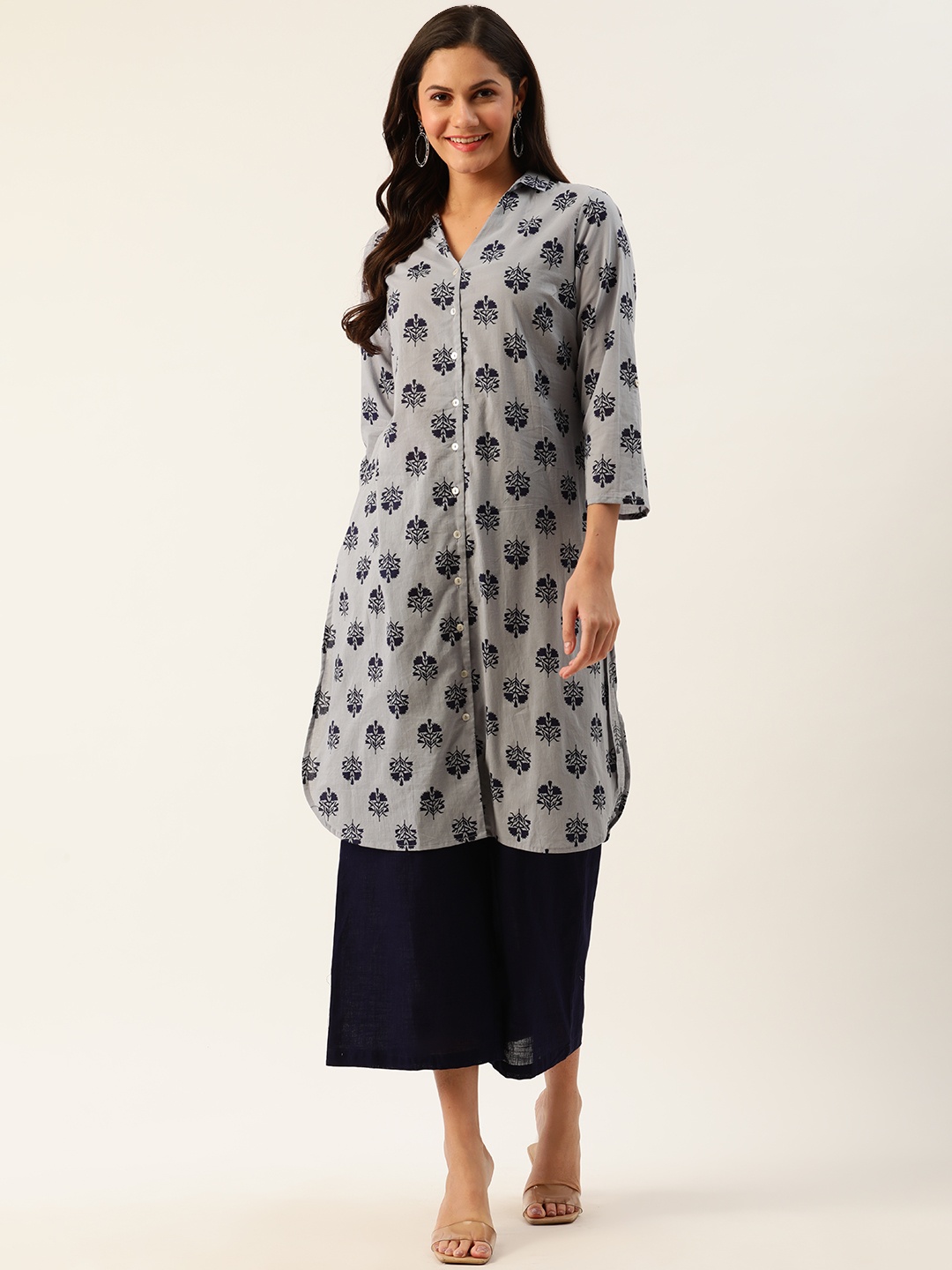 

all about you Women Grey & Navy Blue Ethnic Motifs Printed Kurta