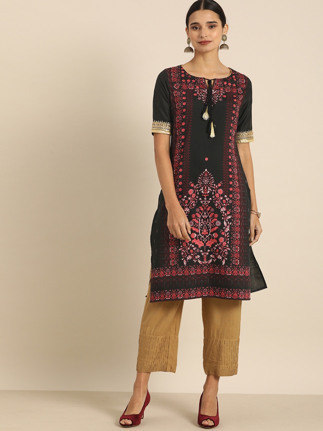 

all about you Women Black & Red Ethnic Motifs Printed Kurta