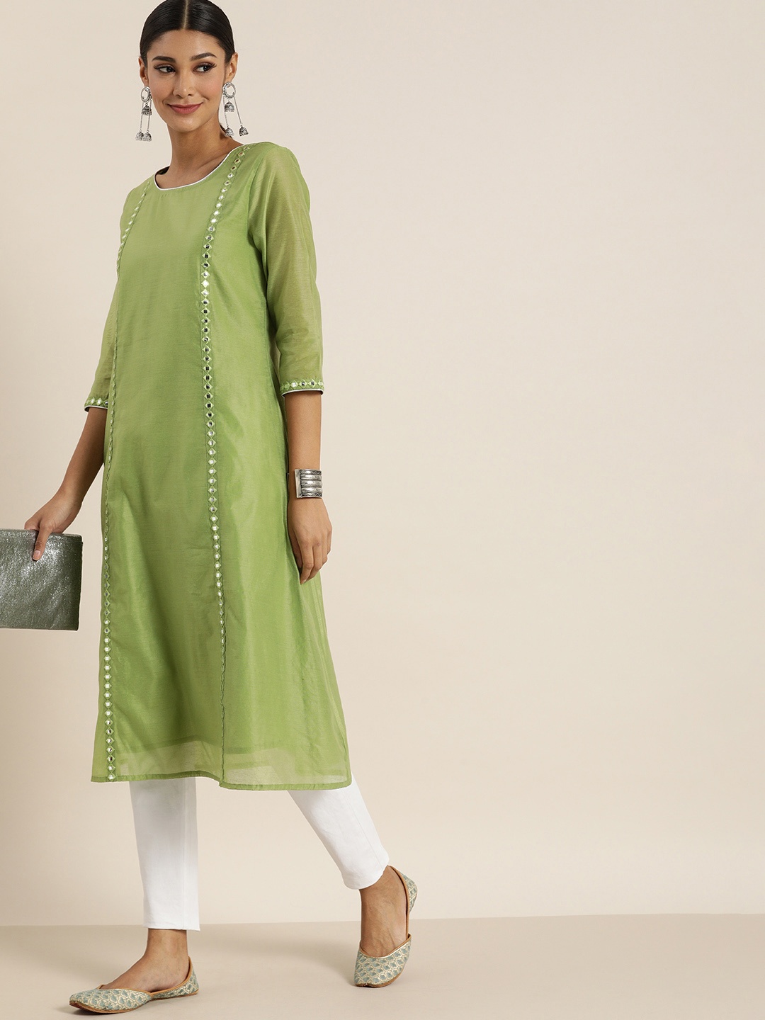 

all about you Women Green Mirror Work Embellished Kurta