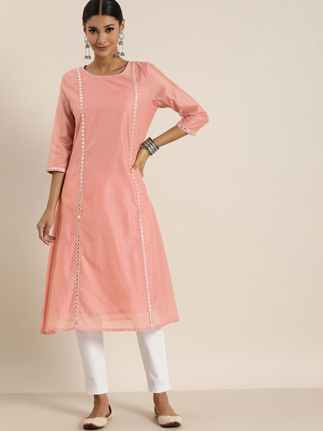 

all about you Women Dusty Pink Mirror Work Embellished Kurta