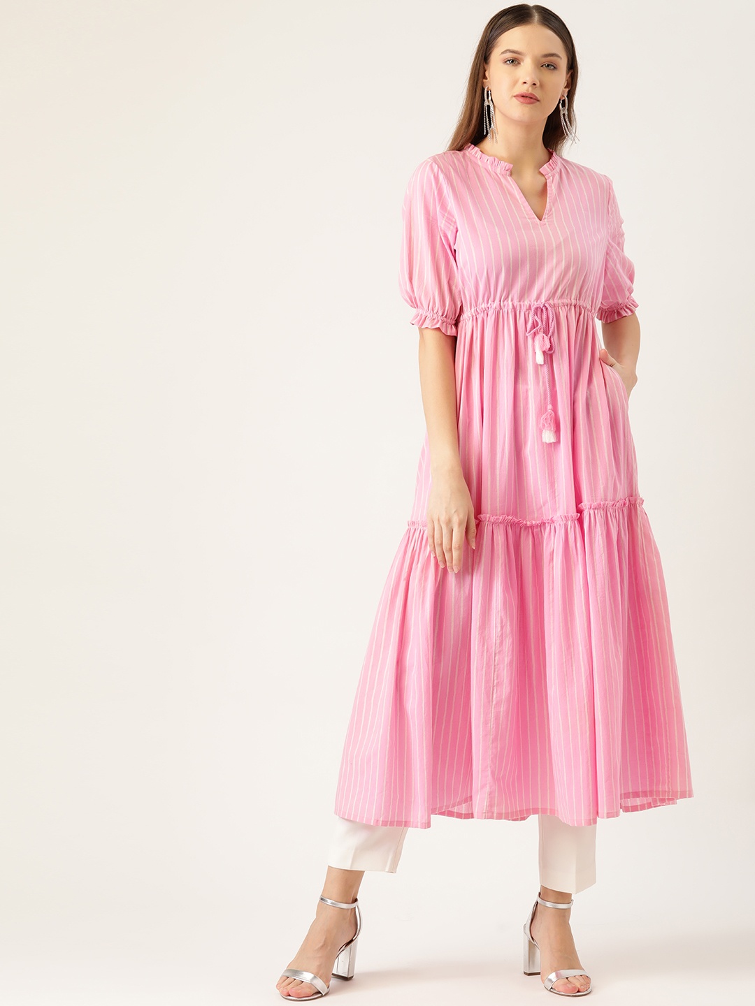 

all about you Women Pink & White Striped Cotton Tiered Anarkali Kurta