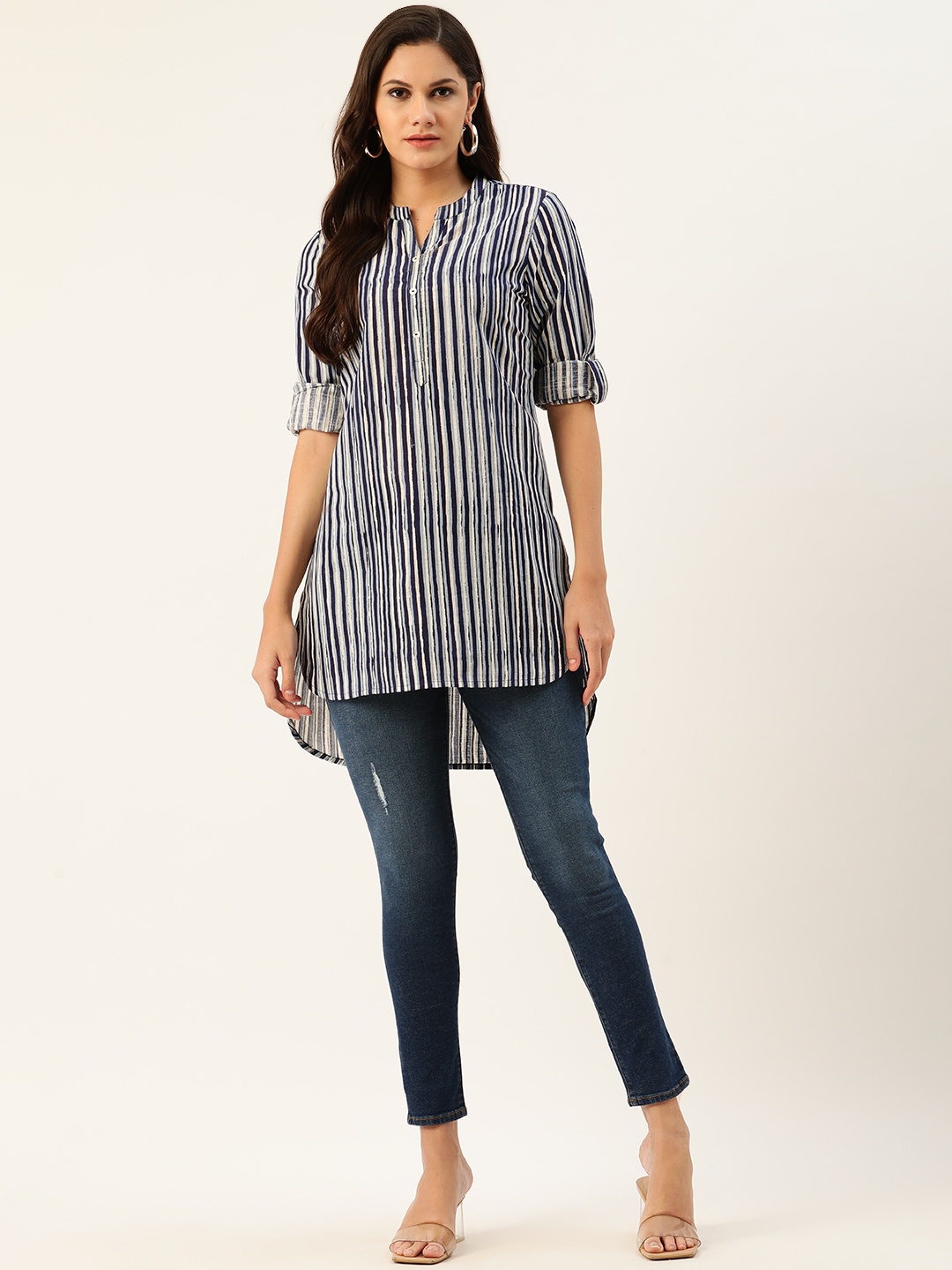 

all about you Women Off White & Navy Pure Cotton High-Low Striped Kurta