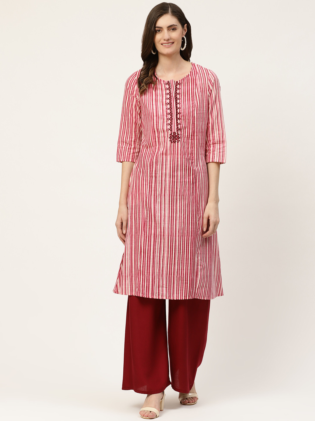 

all about you Women Pink & Off White Striped Straight Kurta