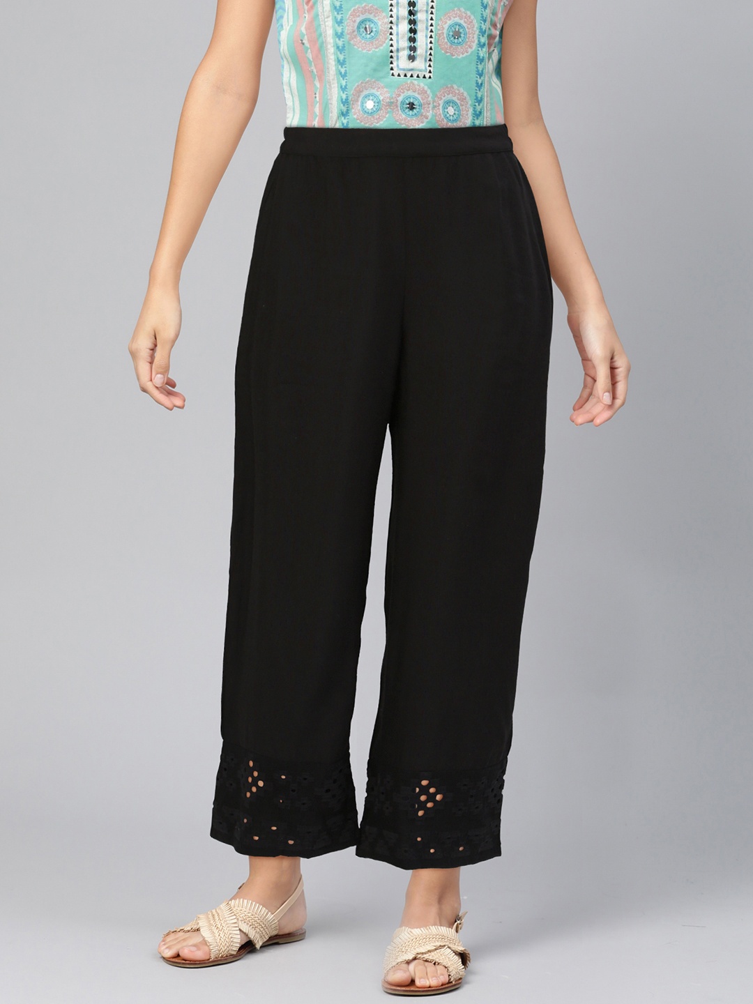 

Global Desi Women Black Regular Fit Solid Parallel Trousers
