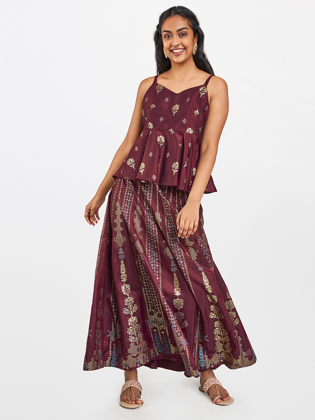 

Global Desi Women Brown & Gold-Toned Printed Top with Skirt