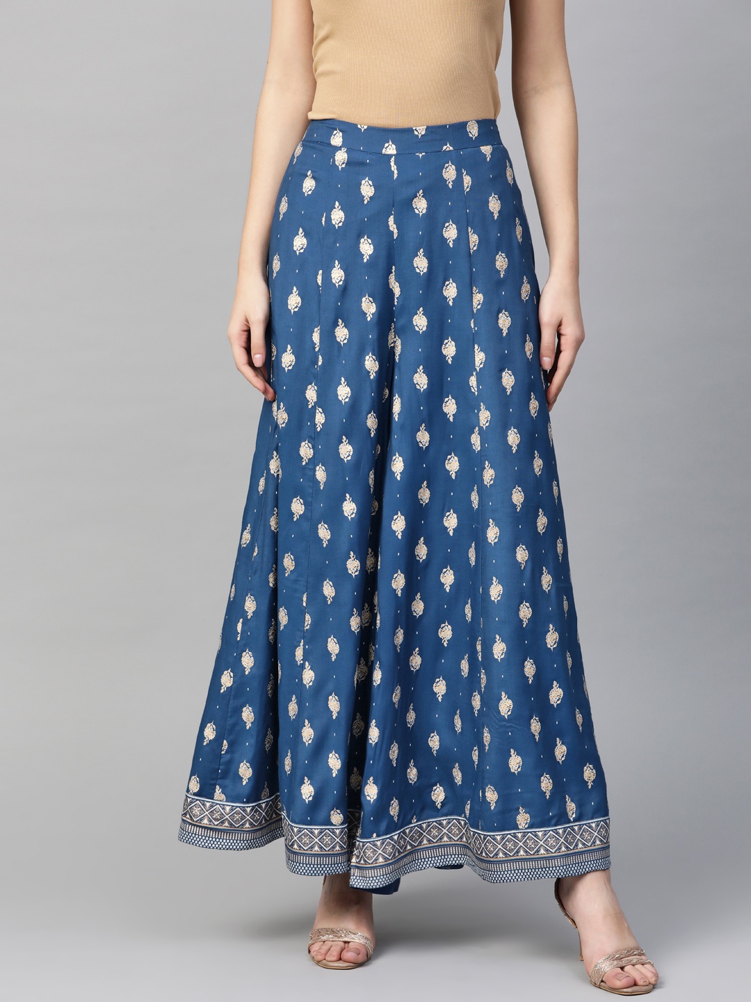 

Global Desi Women Ecovero Navy Blue & Golden Printed Wide Leg Palazzos