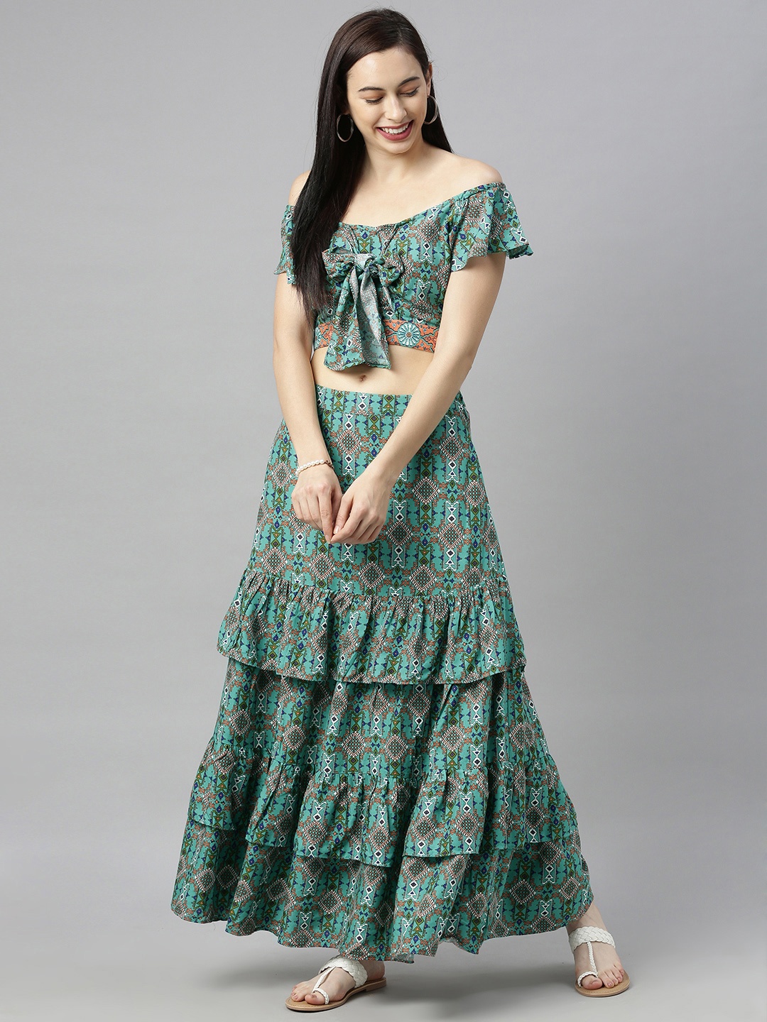 

Global Desi Women Sea Green & Pink Printed Top with Skirt