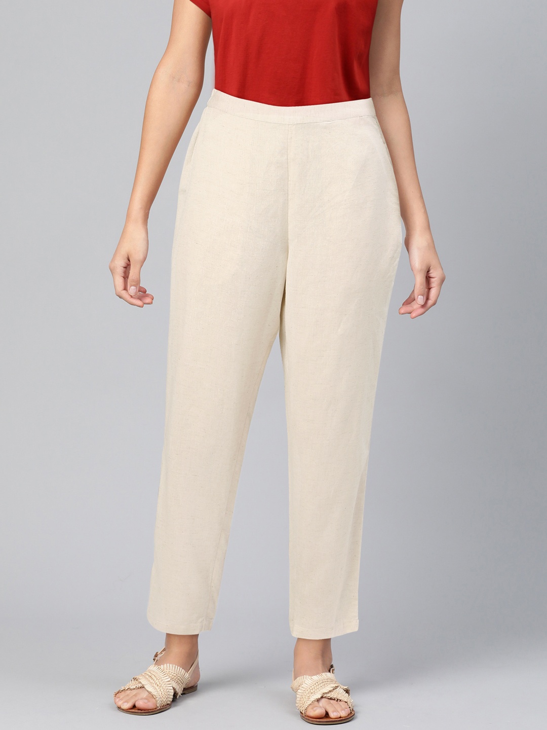 

Global Desi Women Off-White Regular Fit Solid Regular Trousers