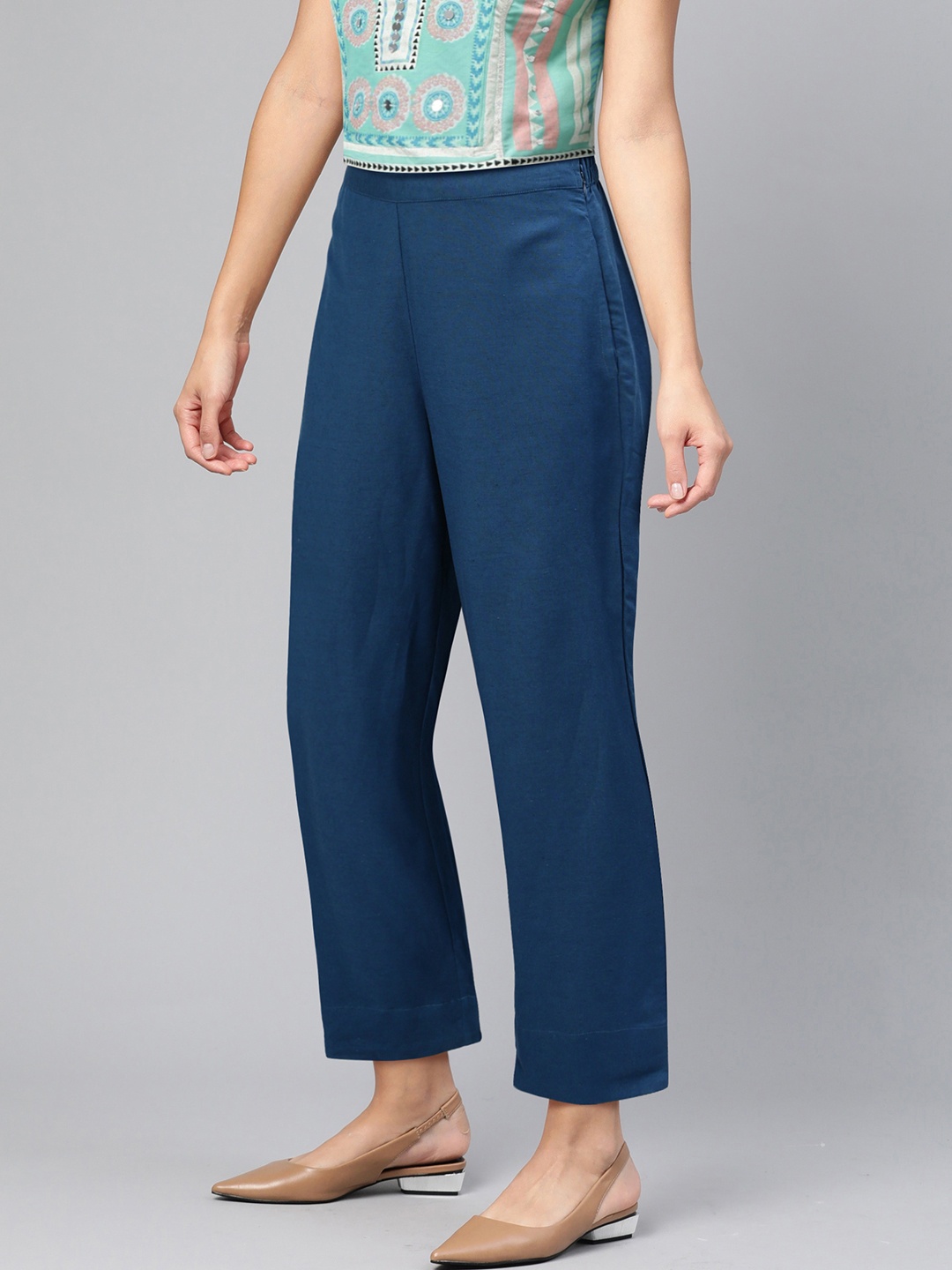 

Global Desi Women Navy Blue Regular Fit Solid Regular Trousers