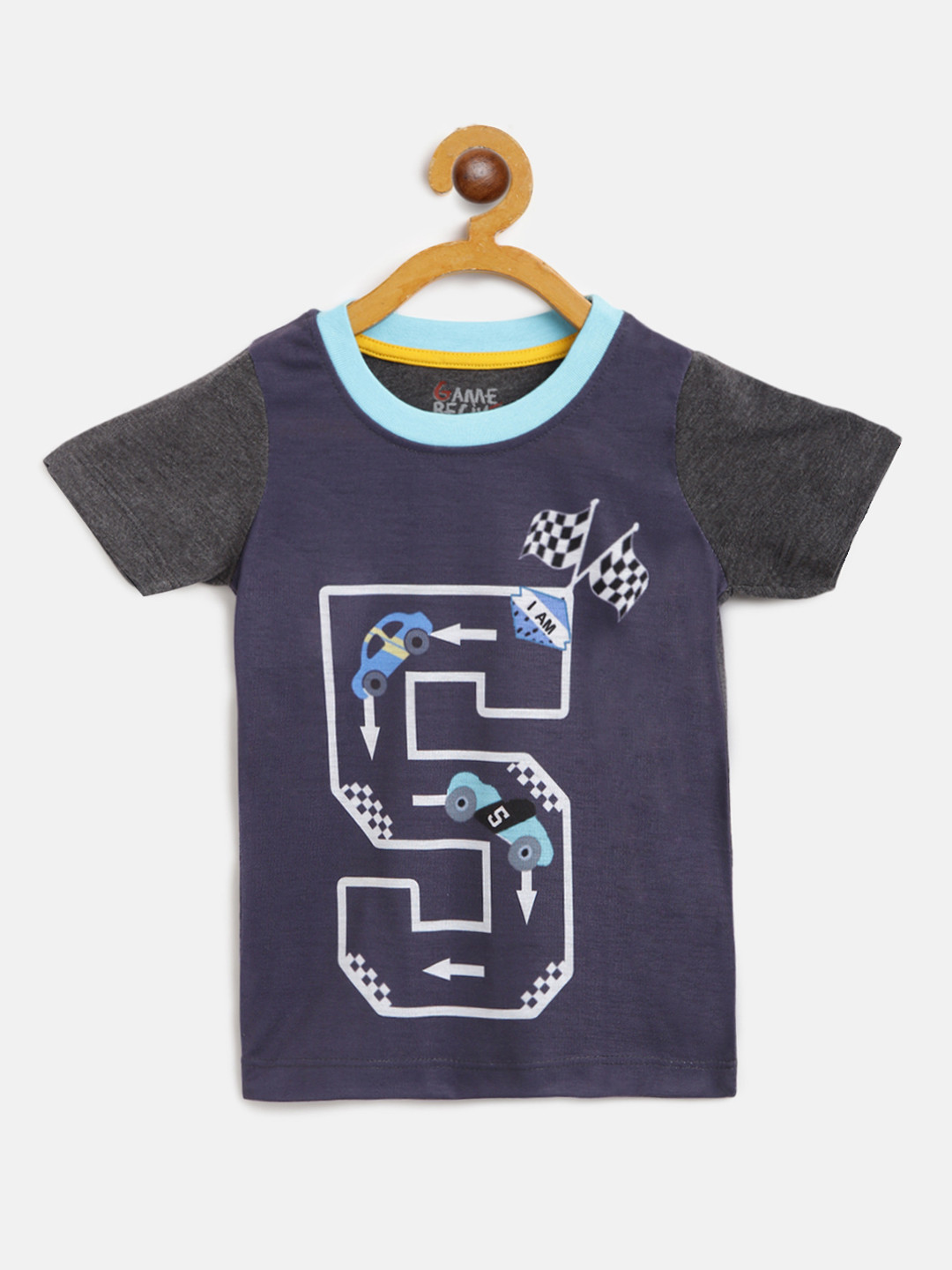 

GAME BEGINS Boys Navy Blue Charcoal Grey Pure Cotton Race Track Print Round Neck Pure Cotton T-shirt