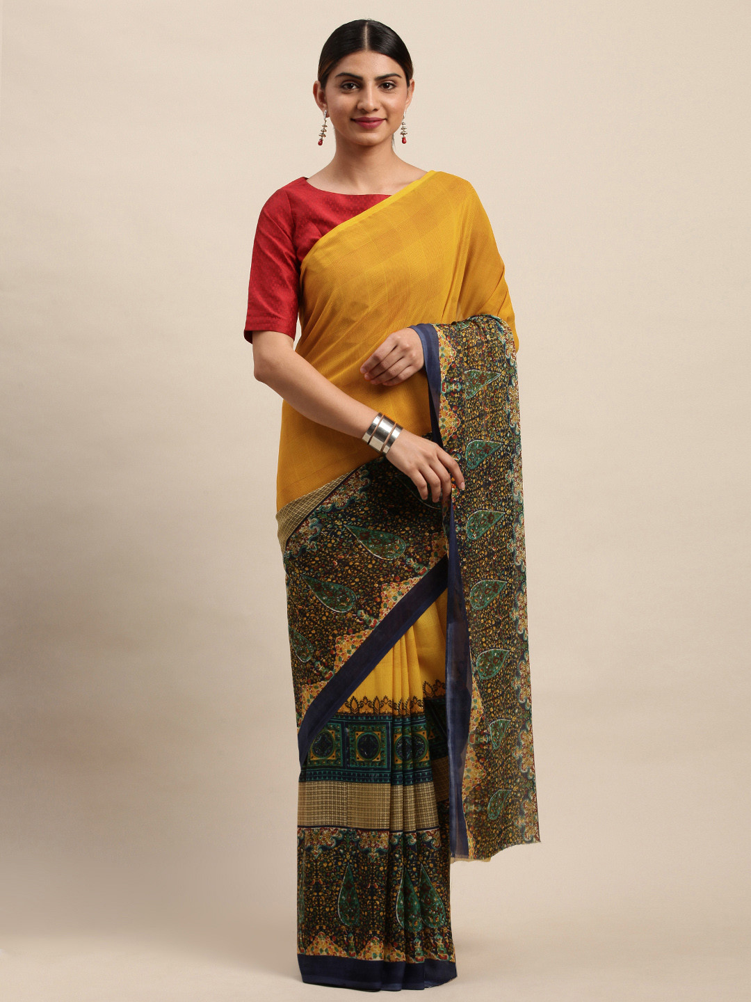 

Shaily Mustard Yellow & Navy Blue Printed Saree