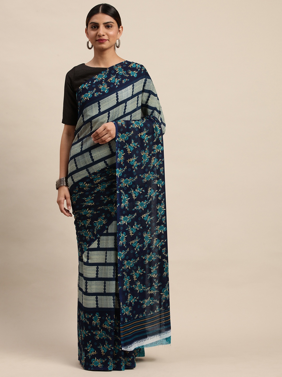 

Shaily Navy Blue & Grey Floral Printed Saree