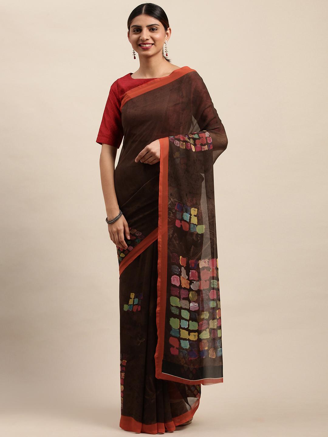 

Shaily Coffee Brown & Pink Printed Saree