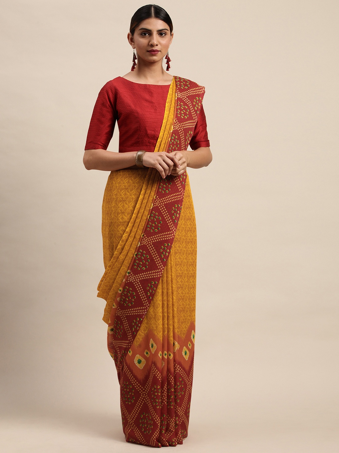 

Shaily Mustard Yellow & Maroon Printed Saree