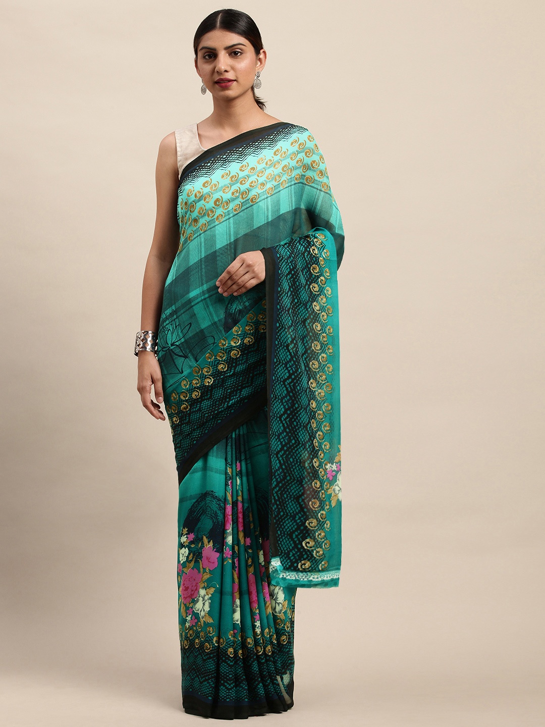 

Shaily Green & Pink Floral Printed Saree