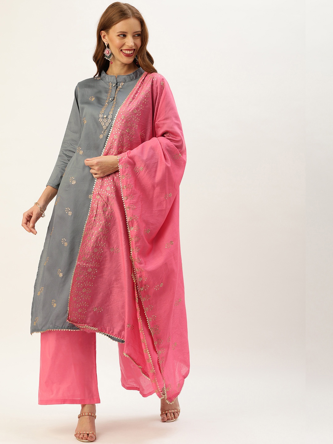 

Rajnandini Grey & Pink Pure Cotton Semi-Stitched Dress Material